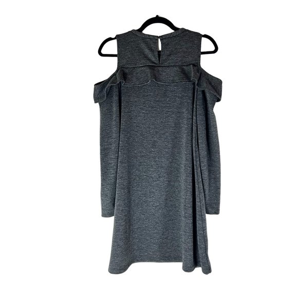 LOFT Ruffle Cold Shoulder Grey Mini Dress Crew Neck SZ S - Picture 3 of 8